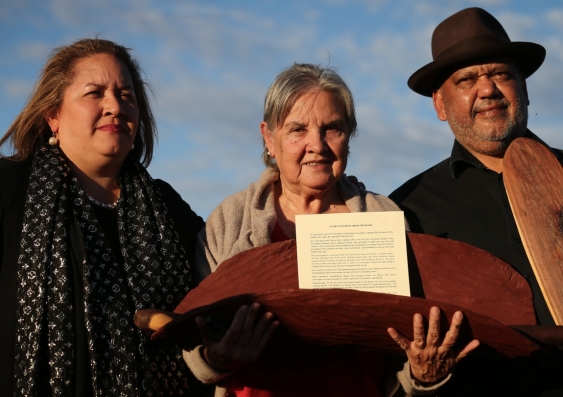 Professor Megan Davis, Pat Anderson and Noel Pearson with Uluru Statement from the Heart